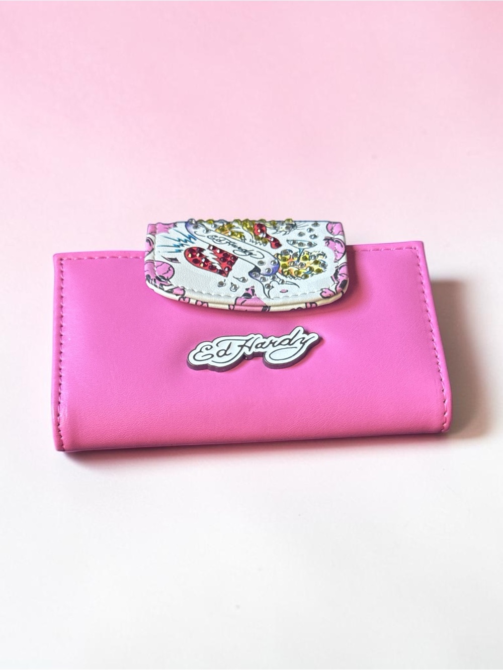 Ed Hardy Hot Pink Wallet w/White Printed Snap Flap NWT